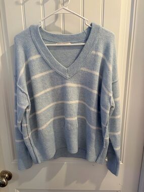 moon & madison Light Blue and White Striped V-Neck Sweater